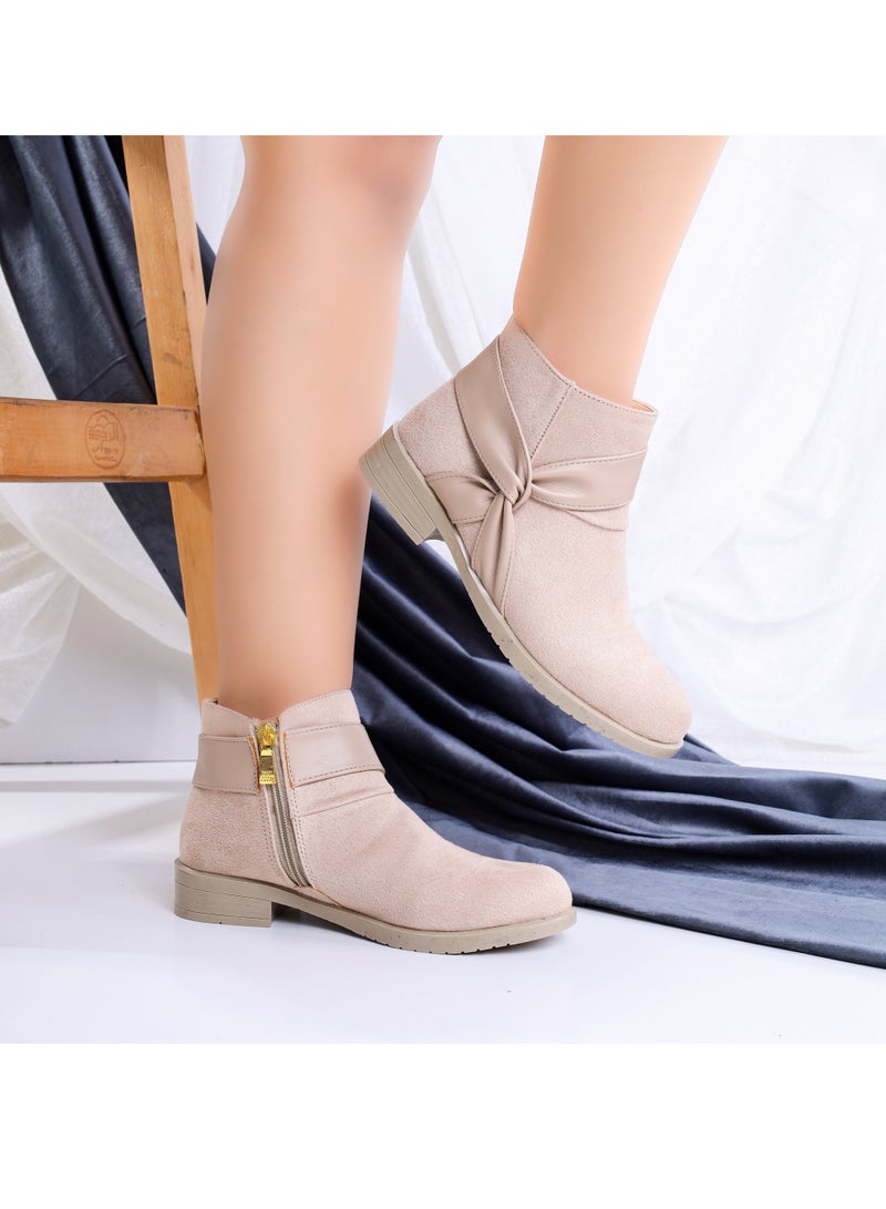 LIFESTYLISH Ankle Boot Mid Heels Suede With Leather G-28 - Beige - Image 2