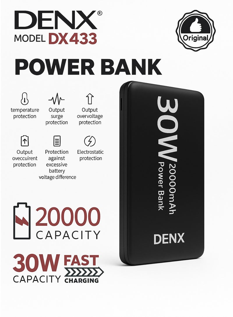 Denx DENX DX433 30W Fast Charging Power Bank 20000mAh | High Capacity Portable Charger | Dual USB Output | External Battery for Mobile, iPhone, Samsung, Tablets  - Image 2