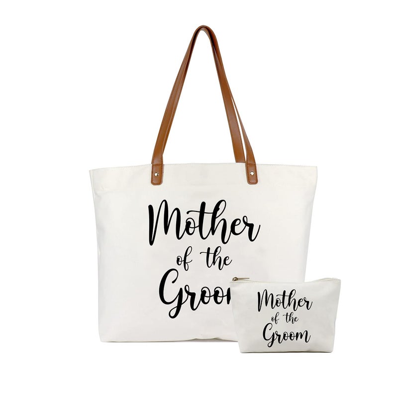 Lamyba Mother of the Groom GiftsMother of the Groom Tote Bag With Makeup BagBridal Shower GiftsTop Zipper Closure Canvas White