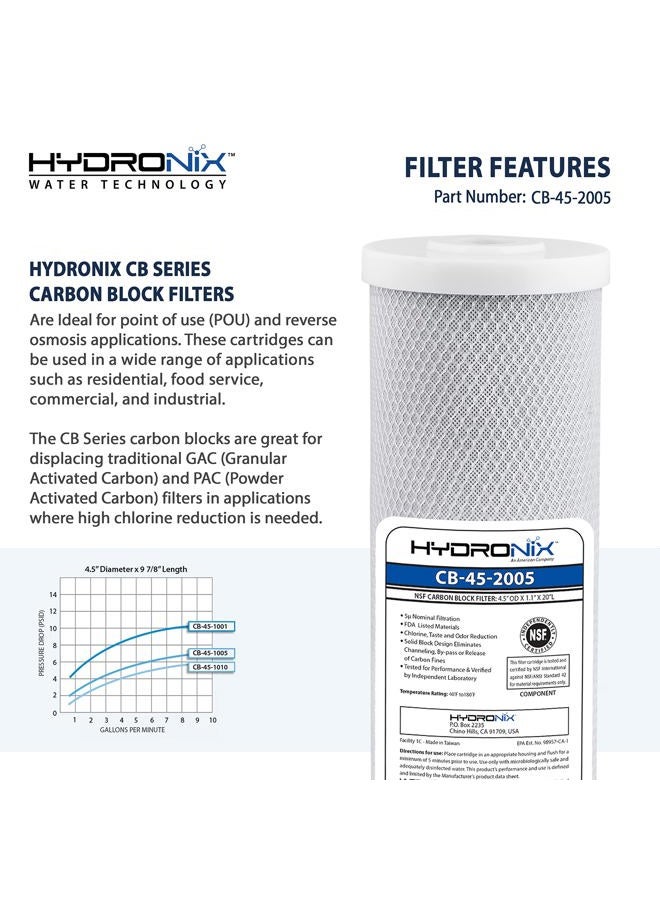 Hydronix CB-45-2005 NSF Carbon Block Water Filter Cartridge 4.5'' OD X 20'' Length, 5 Micron for Home - Image 4