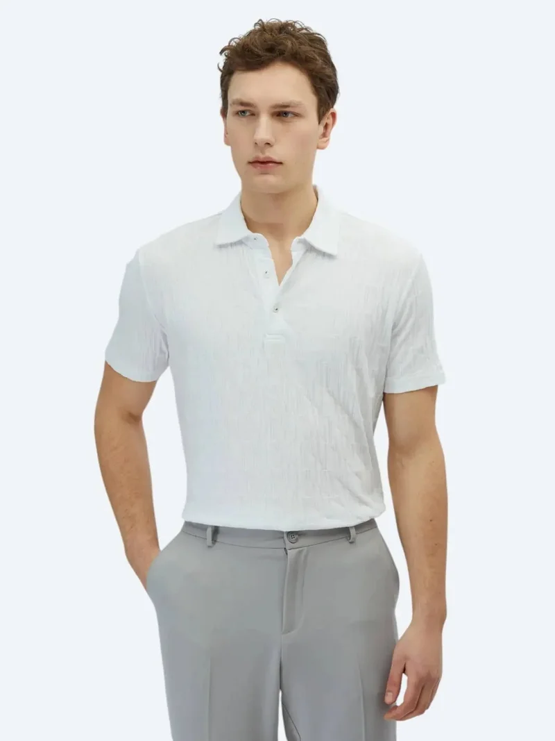 Kip White Patterned Polo Neck 100% Cotton T-Shirt