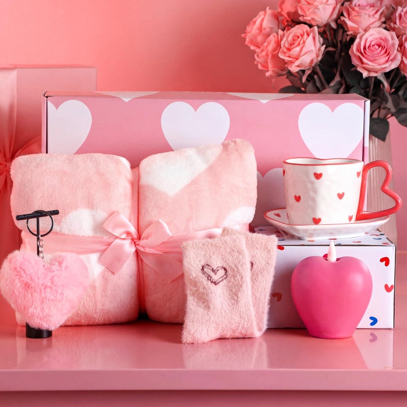 Conelist 6 Pcs Valentine's Day Gifts for Women Birthday Blanket Gifts Set for Women Pink Heart Love Self Care Presents Blanket Cup Candle Socks Heart Keychain Airplane Box for Birthday Christmas - Image 4