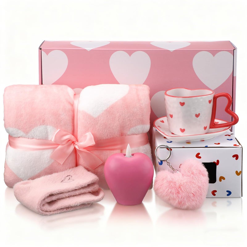 Conelist 6 Pcs Valentine's Day Gifts for Women Birthday Blanket Gifts Set for Women Pink Heart Love Self Care Presents Blanket Cup Candle Socks Heart Keychain Airplane Box for Birthday Christmas - Image 1