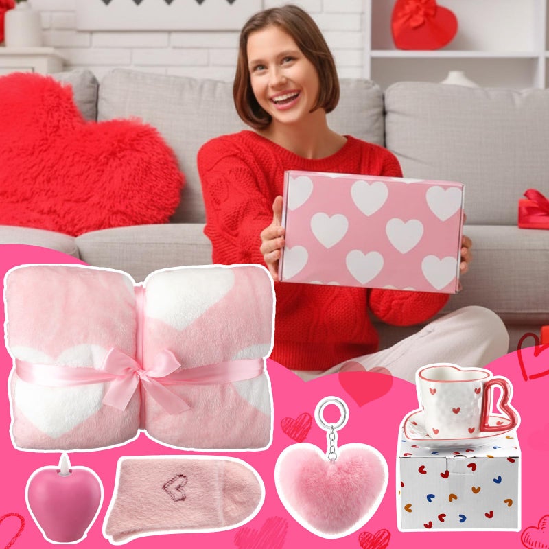 Conelist 6 Pcs Valentine's Day Gifts for Women Birthday Blanket Gifts Set for Women Pink Heart Love Self Care Presents Blanket Cup Candle Socks Heart Keychain Airplane Box for Birthday Christmas - Image 2