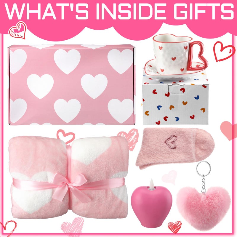 Conelist 6 Pcs Valentine's Day Gifts for Women Birthday Blanket Gifts Set for Women Pink Heart Love Self Care Presents Blanket Cup Candle Socks Heart Keychain Airplane Box for Birthday Christmas - Image 3