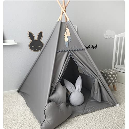 RONGFA Kids Teepee Tent with White Pom Pom  Indoor Play Teepee for Children Boys Portable Play House Grey - Image 1
