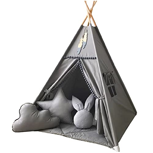 RONGFA Kids Teepee Tent with White Pom Pom  Indoor Play Teepee for Children Boys Portable Play House Grey - Image 5