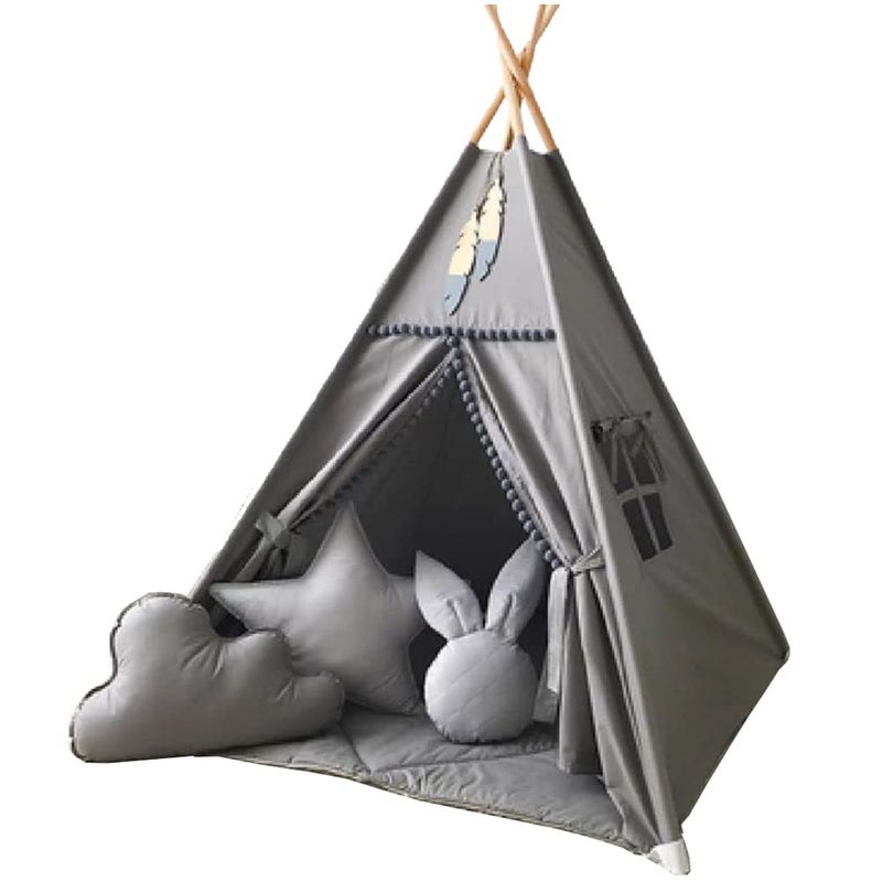 RONGFA Kids Teepee Tent with White Pom Pom  Indoor Play Teepee for Children Boys Portable Play House Grey - Image 3