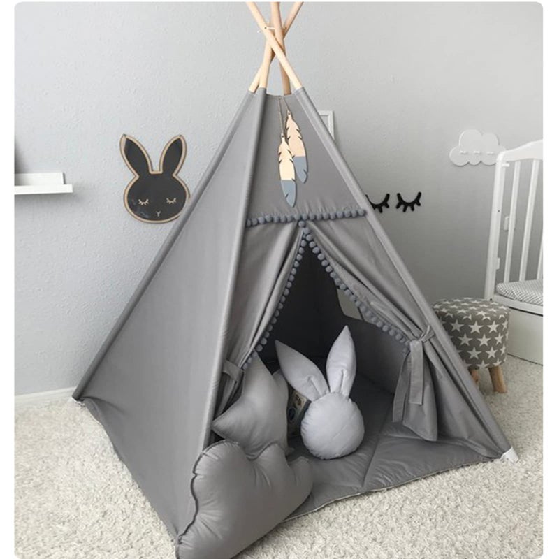 RONGFA Kids Teepee Tent with White Pom Pom  Indoor Play Teepee for Children Boys Portable Play House Grey - Image 2