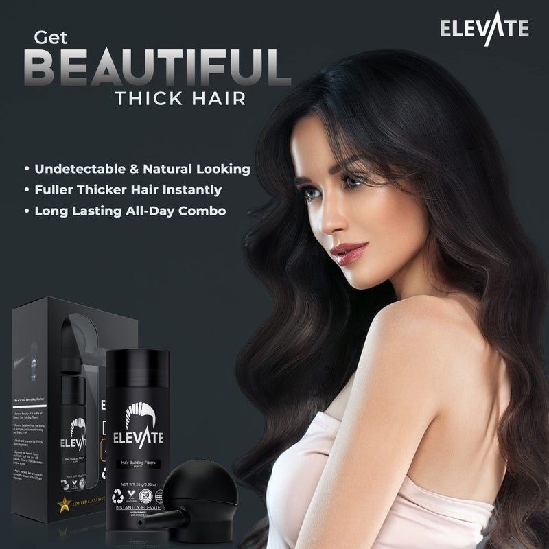 ELEVATE Hair Perfecting 2-in-1 Kit | Set Includes Natural Hair Thickening Fibers & Spray Applicator Pump Nozzle | Instantly Conceal & Thicken Thinning Balding Areas in Seconds Men & Women (Black) - Image 4