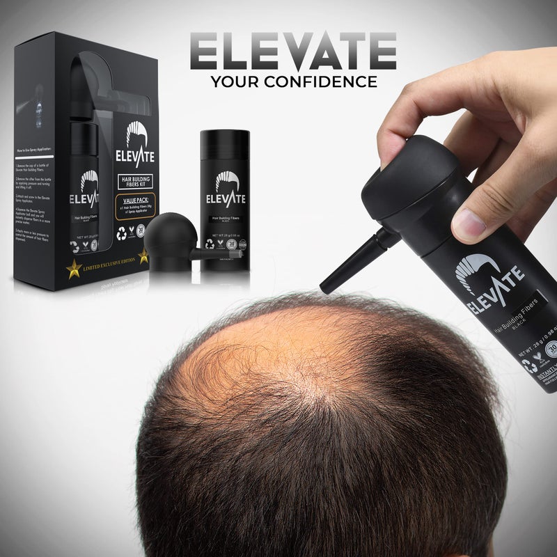 ELEVATE Hair Perfecting 2-in-1 Kit | Set Includes Natural Hair Thickening Fibers & Spray Applicator Pump Nozzle | Instantly Conceal & Thicken Thinning Balding Areas in Seconds Men & Women (Black) - Image 3