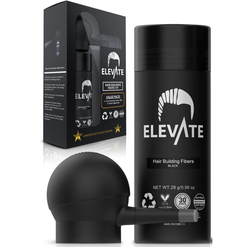 ELEVATE Hair Perfecting 2-in-1 Kit | Set Includes Natural Hair Thickening Fibers & Spray Applicator Pump Nozzle | Instantly Conceal & Thicken Thinning Balding Areas in Seconds Men & Women (Black) - Image 2