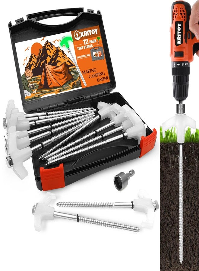 KriToy 12 Pack Tent Stakes Heavy Duty - 8" Ground Anchors Screw in - Camping Stakes with Grow in The Dark Heads - Metal Threaded Tent Spikes with Hex Head Driver and Storage Box - Image 1