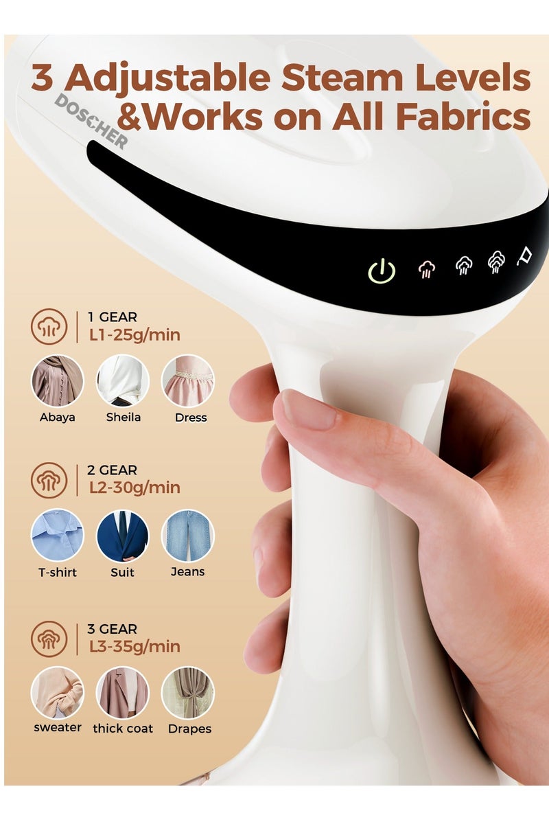 DOSCHER [Upgrade]1600 Watts Handheld Garment Steamer – Portable Steam Iron for Clothes with 3 Steam Levels & 25s Fast Heat-up, Wrinkle Remover - Image 2