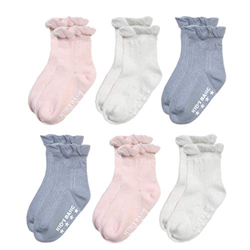 EPEIUS Baby-Girls Non Slip Ruffle Frilly Ankle Socks Toddler Girl Pointelle Grip Socks (Pack of 6) 12-36 Months,Blue Grey/Natural White/Pink - Image 1