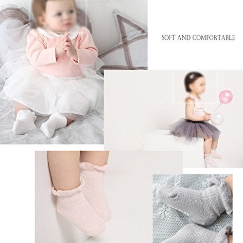 EPEIUS Baby-Girls Non Slip Ruffle Frilly Ankle Socks Toddler Girl Pointelle Grip Socks (Pack of 6) 12-36 Months,Blue Grey/Natural White/Pink - Image 2