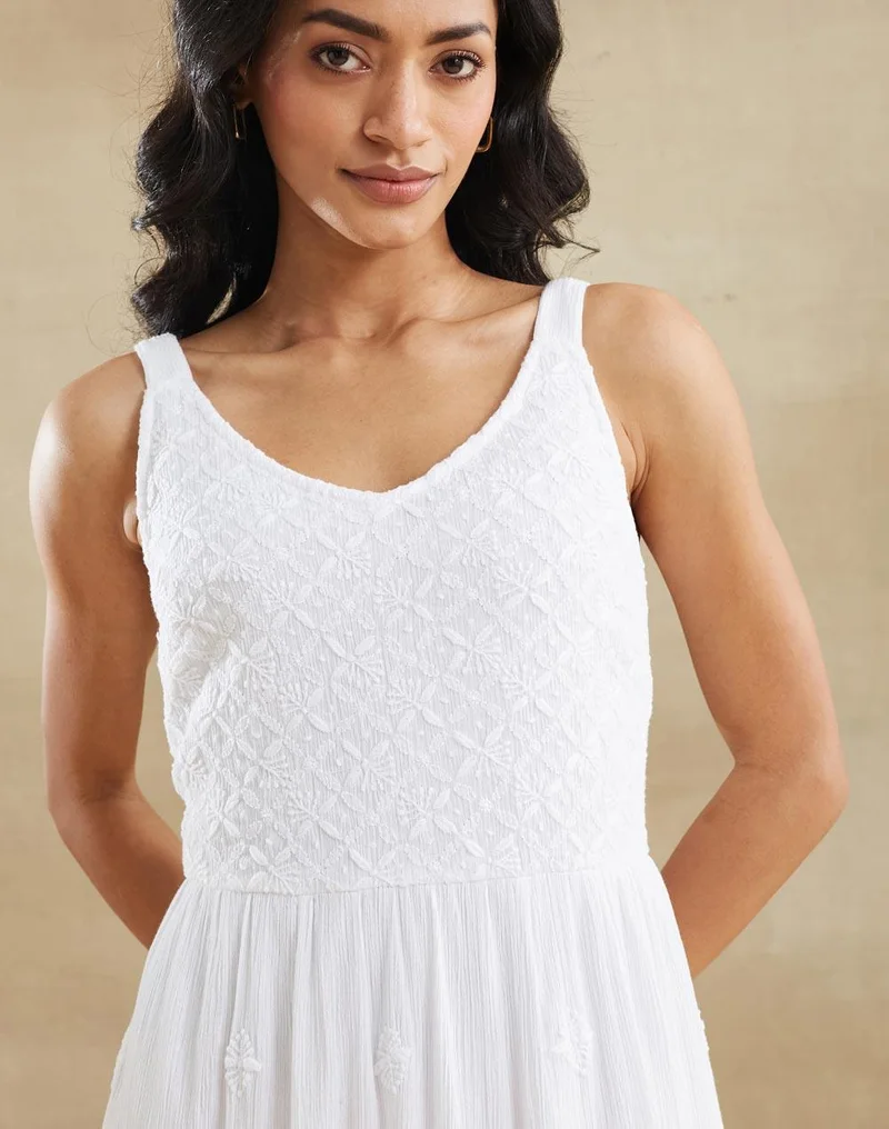 Fabindia  White Cotton Chikankari Midi Dress for Women | Best Price UAE