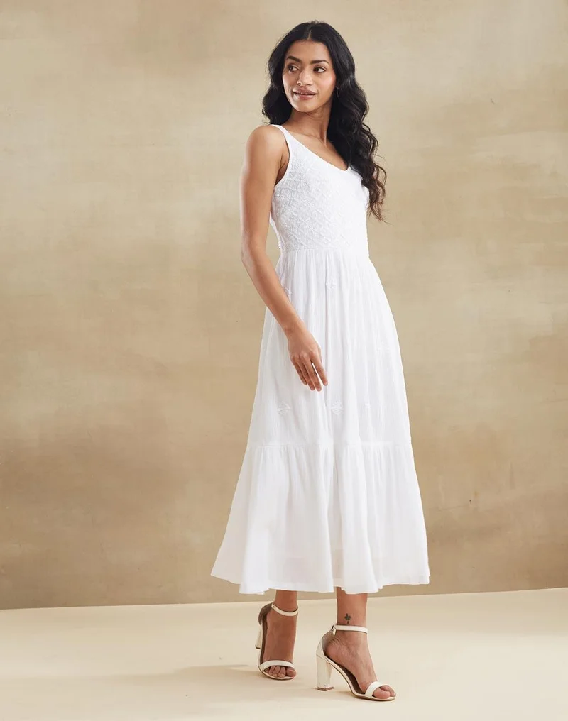 Fabindia  White Cotton Chikankari Midi Dress for Women | Best Price UAE