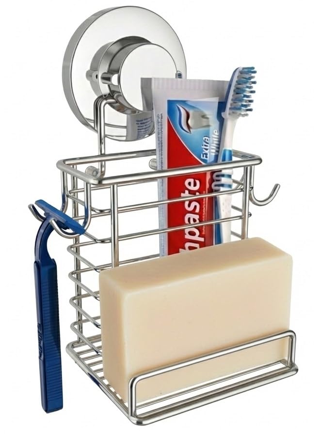 Toothbrush Holder Suction Cup Wall Mounted Toothpaste and Toothbrushes Holder Shelf for Soap Dish or Phone Powerful Vacuum System Rustproof Stainless Steel Organizer Electric Toothbrush Silver