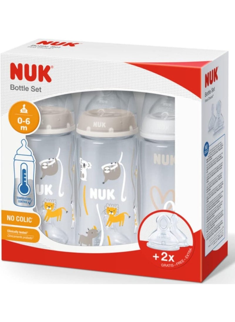 NUK Baby First Choice Feeding Bottle Set & Two Extra Teats Temperature Control Anticolic Valve 0-6 Months 3 X 300 ML - Image 1