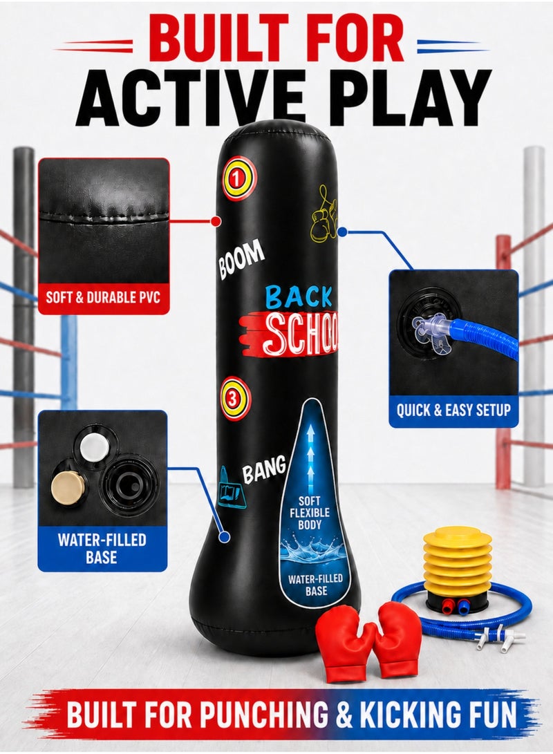 MEI TU Kids Inflatable Punching Bag Set with Boxing Gloves and Foot Pump, 1.2 m Freestanding Bounce-Back Boxing Toy for Stress Relief, Indoor & Outdoor, Black - Image 2