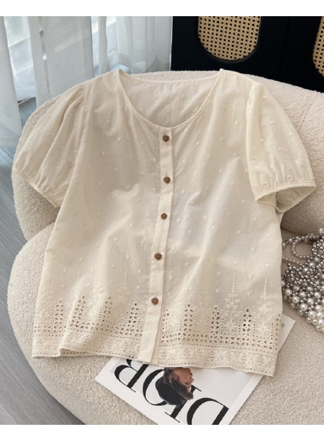 XINYANG sweet & Youthful Round Neck Hollow-out Blouse For Women 2025 Petite Short-sleeved Shirt - Image 1