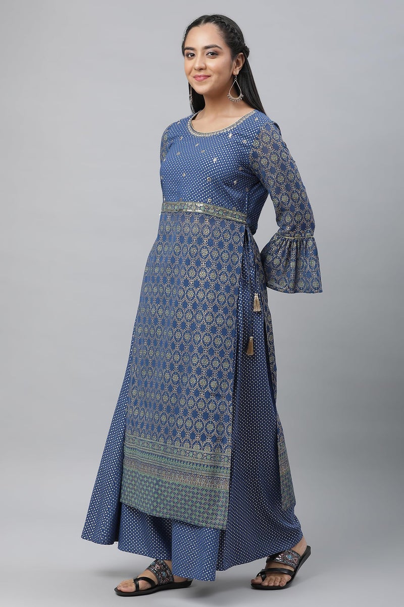 Aurelia Women Bright Blue Polyester Straight Kurta, Palazzos, Dupatta Suit Set_23AUAS13830-507590 - Image 3