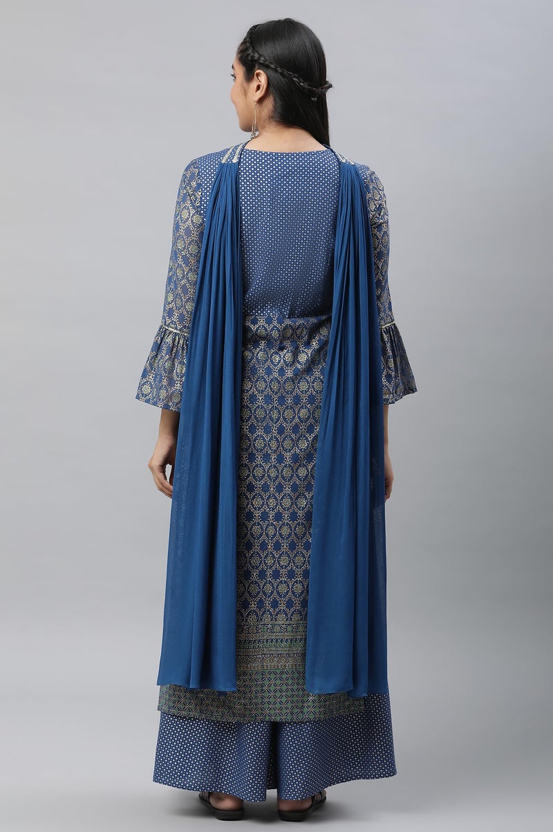 Aurelia Women Bright Blue Polyester Straight Kurta, Palazzos, Dupatta Suit Set_23AUAS13830-507590 - Image 4