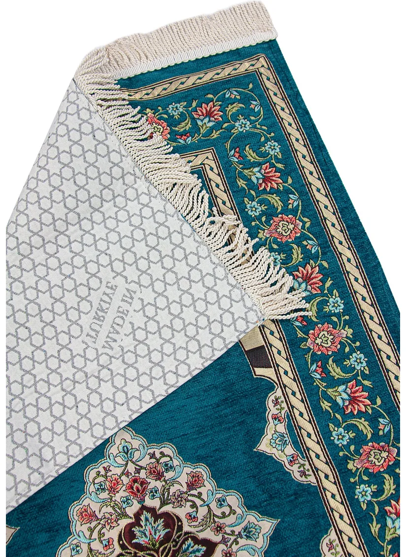 İhvan Online Ihvan Online Turquoise Flower Motifed Mihrab Lined Chenille Prayer Rug