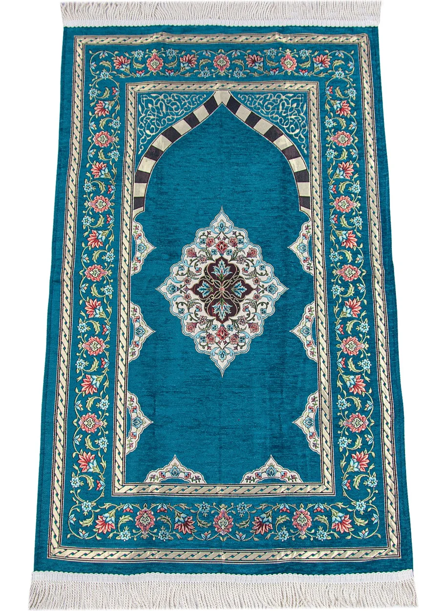 İhvan Online Ihvan Online Turquoise Flower Motifed Mihrab Lined Chenille Prayer Rug