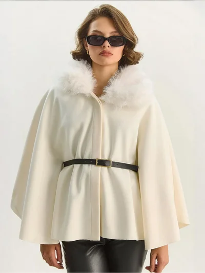 بيانكو لوتشي LUCCI Wool Blend Overcoat with Faux Fur Collar