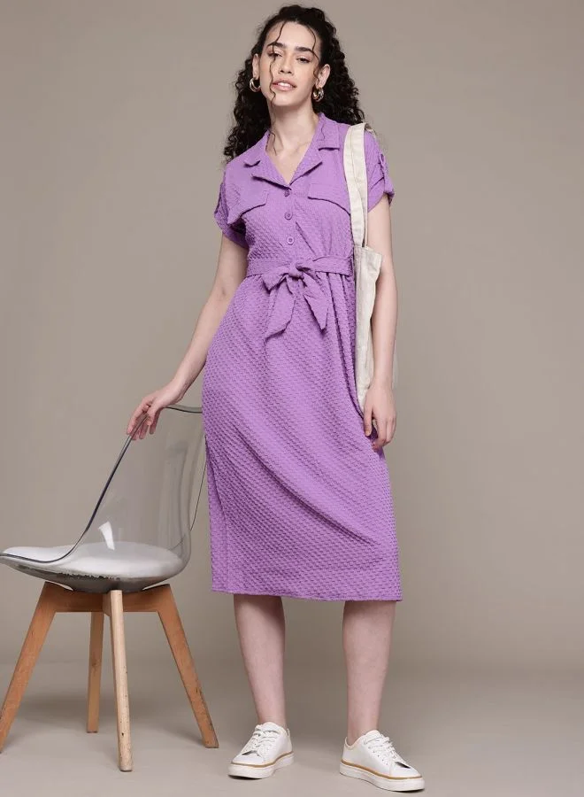 Freehand  Women Relaxed Fit Textured V-Neck Short Sleeve Shirt Dress for Women | Best Price UAE