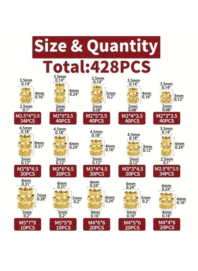 428pcs Brass Knurled Nuts Kit M2 M2 5 M3 M4 M5 Female Threaded Inserts For 3D Printing - Image 3