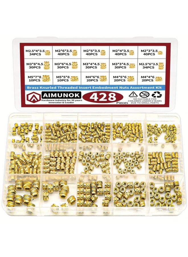 428pcs Brass Knurled Nuts Kit M2 M2 5 M3 M4 M5 Female Threaded Inserts For 3D Printing - Image 1