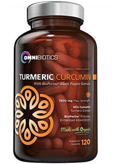 OmniBiotics Organic Turmeric Curcumin Supplement 1500mg with BioPerine | 95% Standardized Curcuminoid Extract & Organic Root Powder with Piperine Black Pepper Fruit (10mg), 120 Vegetarian Capsules  - Image 1