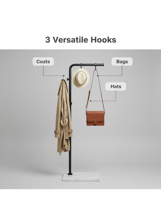 الأزرق جي دبليو حاملة معاطف معدنية قائمة بذاتها بقاعدة رخامية طبيعية 67 بوصة 170 سم حامل شماعات معاطف للمدخل مع 3 خطافات، شجرة غرفة نوم منزلية وفندق وقاعة فندق للمعاطف والقبعات والأوشحة والملابس وحقائب اليد - Image 4