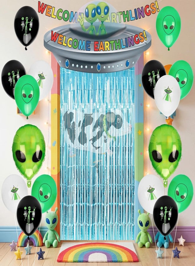 Bafeil 24PCS Alien Birthday Party Decorations Set, Space Theme Party Supplies with Alien & Cow Balloons Decorations, Blue Foil Fringe Curtain, Outer Space Birthday Decorations - Image 2