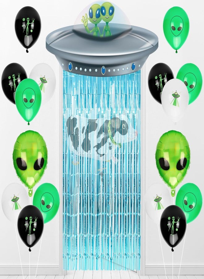 Bafeil 24PCS Alien Birthday Party Decorations Set, Space Theme Party Supplies with Alien & Cow Balloons Decorations, Blue Foil Fringe Curtain, Outer Space Birthday Decorations - Image 1