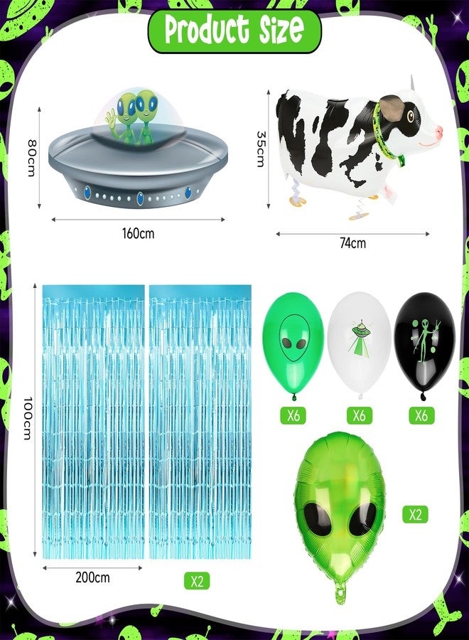 Bafeil 24PCS Alien Birthday Party Decorations Set, Space Theme Party Supplies with Alien & Cow Balloons Decorations, Blue Foil Fringe Curtain, Outer Space Birthday Decorations - Image 3