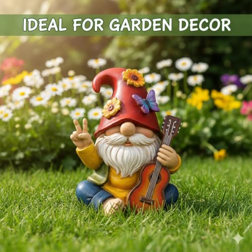 GoGnome Peace Sign Garden Gnome Figurine Outdoor Statue, Funny Guitar Playing Dwarf Rock Music Decor - 6‘’ Resin Lawn Ornament, Unique Housewarming Gift for Music Lovers & Gardeners (Red) - Image 5