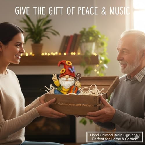 GoGnome Peace Sign Garden Gnome Figurine Outdoor Statue, Funny Guitar Playing Dwarf Rock Music Decor - 6‘’ Resin Lawn Ornament, Unique Housewarming Gift for Music Lovers & Gardeners (Red) - Image 4
