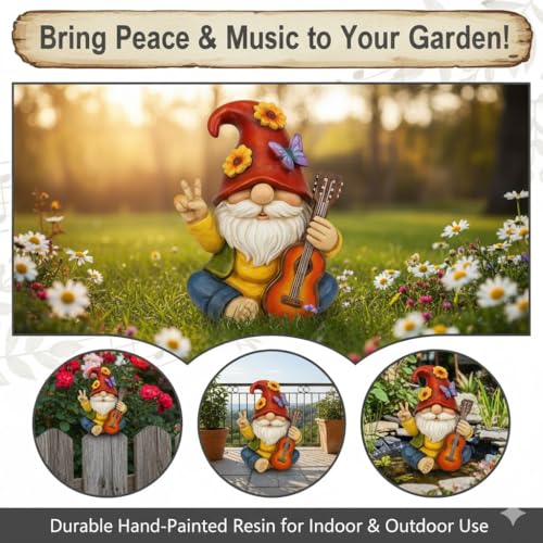 GoGnome Peace Sign Garden Gnome Figurine Outdoor Statue, Funny Guitar Playing Dwarf Rock Music Decor - 6‘’ Resin Lawn Ornament, Unique Housewarming Gift for Music Lovers & Gardeners (Red) - Image 2