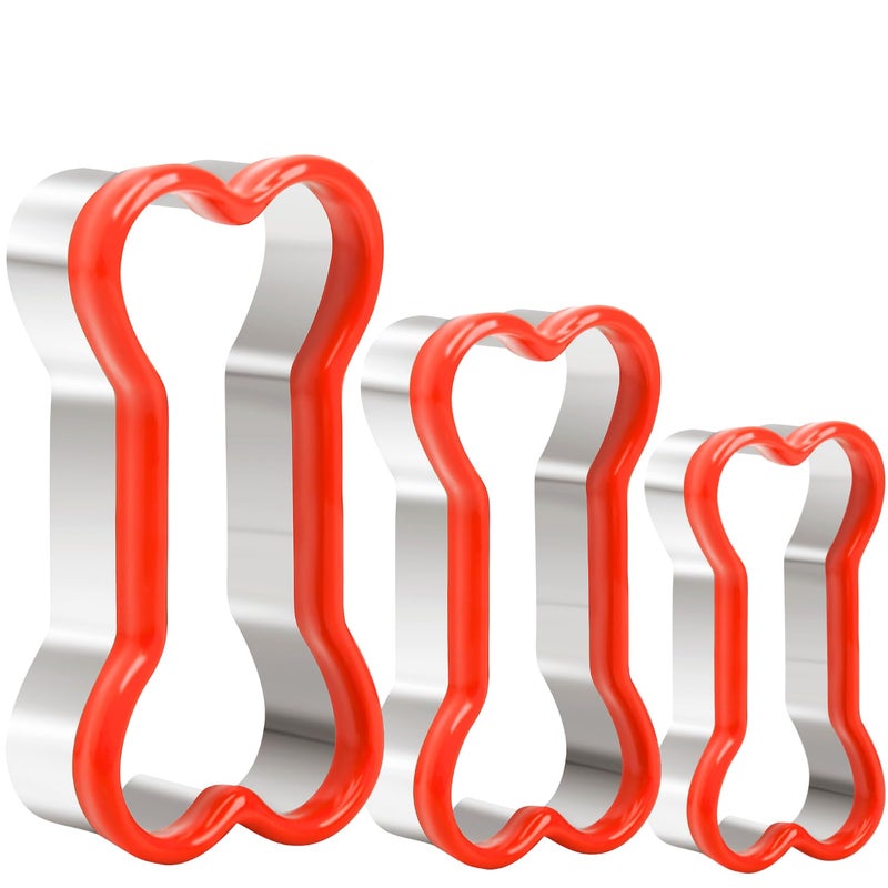 KAISHANE Bone Cookie Cutters Set  3 PCS Dog Bone Biscut Cutters Set Stainless Steel with Red Environmental PVC for DIY Baking Fondant Cake Molds Dog Treats - 3.9/3.1/2.4IN - Image 1
