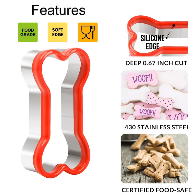 KAISHANE Bone Cookie Cutters Set  3 PCS Dog Bone Biscut Cutters Set Stainless Steel with Red Environmental PVC for DIY Baking Fondant Cake Molds Dog Treats - 3.9/3.1/2.4IN - Image 2