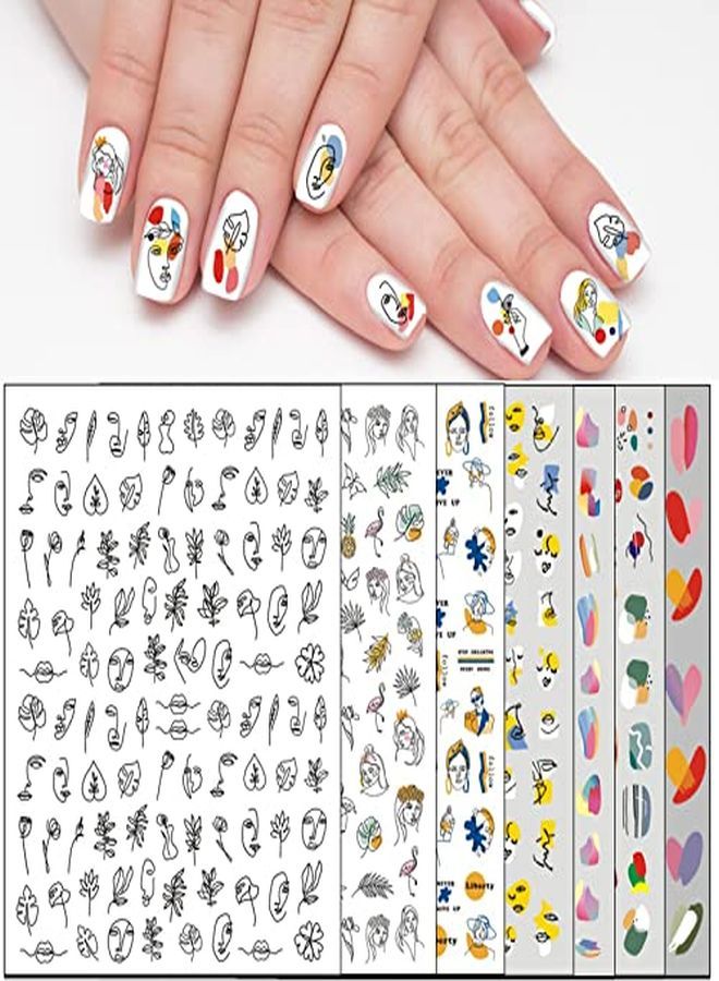 TailaiMei 12 Sheets Abstract Nail Art Stickers Modern Minimalist Art Graffiti Nail Decals SelfAdhesive Lady Face Simple Design Impress Color Nail Decoration For Women - Image 1