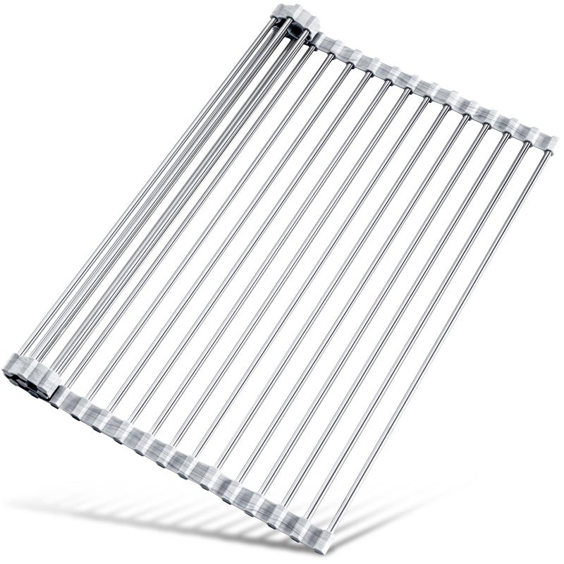 Tomorotec Stainless Steel Roll-Up Dish Drying Rack Marble Color Silicone Edges, Foldable Kitchen Rack Heat Resistant Trivet Supports up to 70 lbs, Food Safe for Dishes, Cookware & More - Image 1