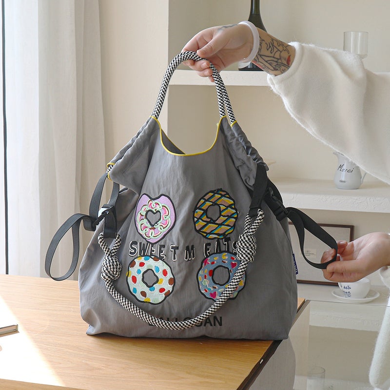 Summer Donut Embroidered Bag Trendy Early Eight College Style Commuter Large Capacity Shoulder Shopping Bag - Image 4