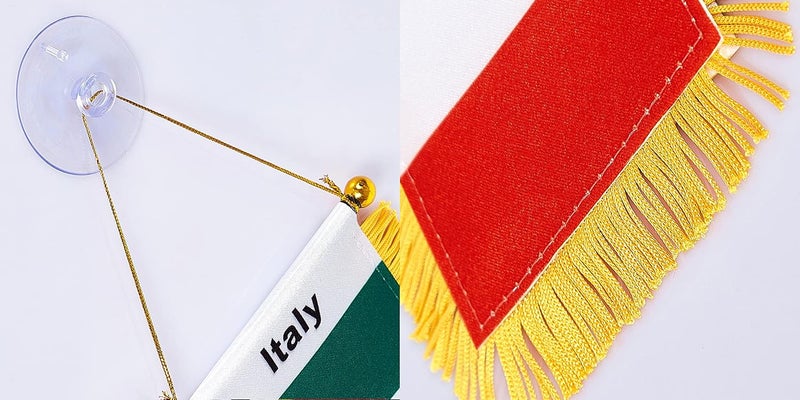 WXTWK 3 X 5 Inch Italy Flag Italian Window Hanging Flag Small Mini Car Flags Banners Rearview Mirror Decoration With Suction Cup Golden Fringy Banner - Image 3