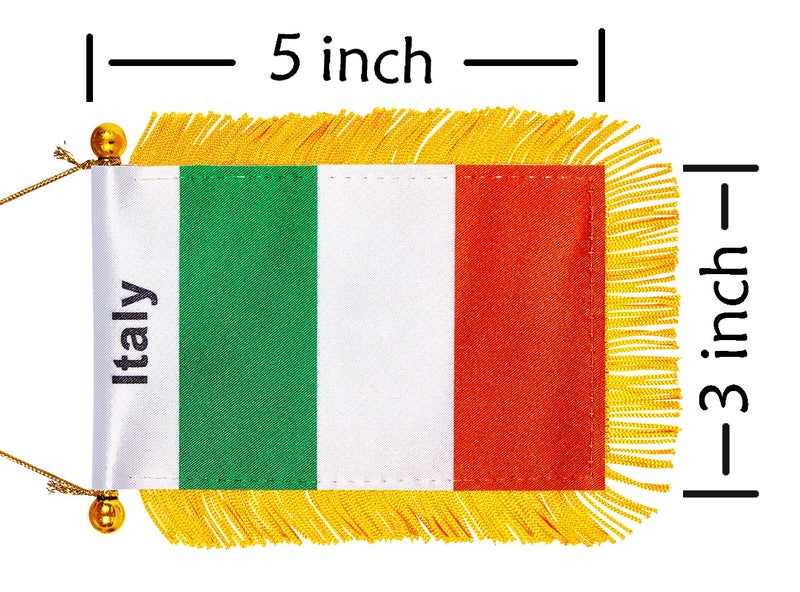 WXTWK 3 X 5 Inch Italy Flag Italian Window Hanging Flag Small Mini Car Flags Banners Rearview Mirror Decoration With Suction Cup Golden Fringy Banner - Image 2