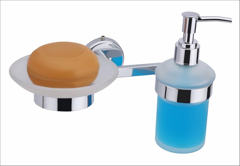 KANJAL Liquid soap Dispenser with soap case Holder for washbasin Liquid Dispenser and saop Dish for Bathroom soap Holders dispensers 29304 Stainless SteelChrome FinishFrosted Glass - Image 2